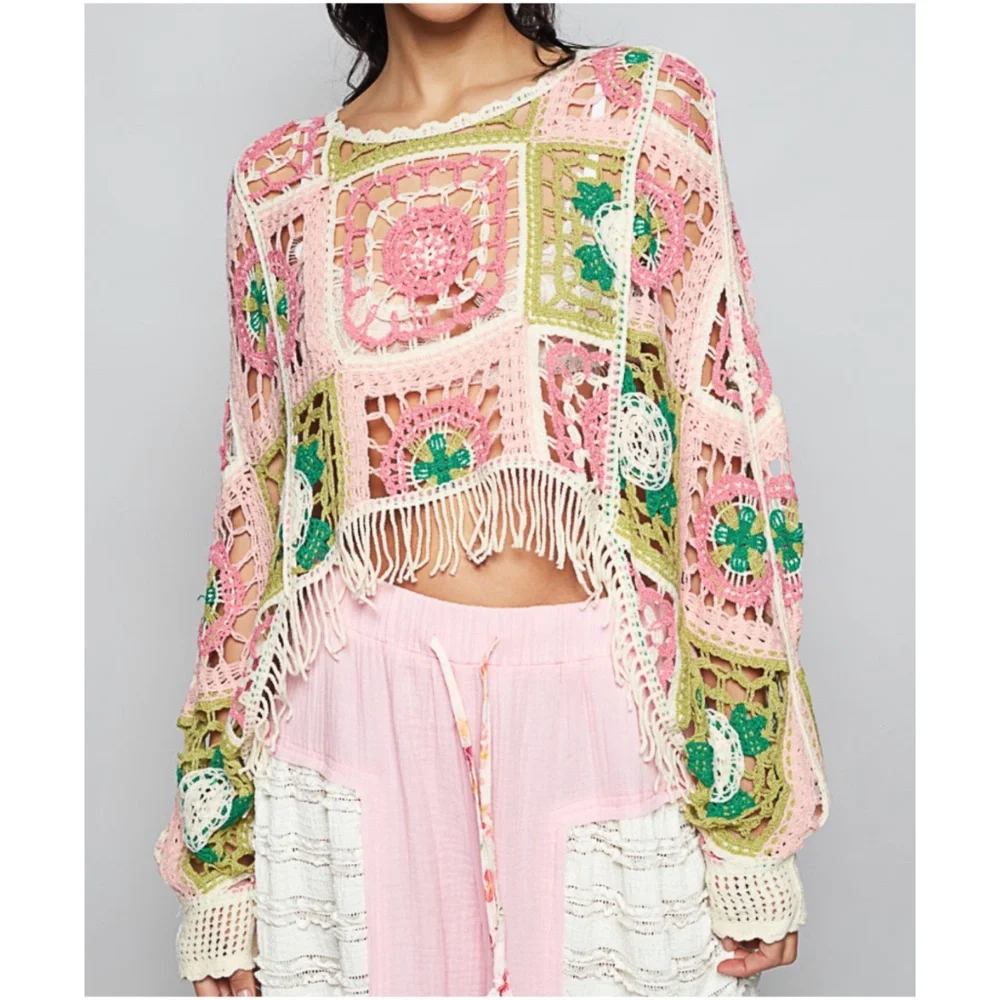 POL Multicolor Granny Square Fringe Hem Open Bottom Sweater Top - Picture 4 of 5